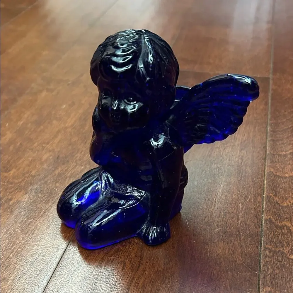 Vintage Deep Blue Cobalt Art Glass Cherub Angel Candle Holder